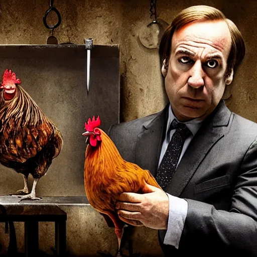 Image similar to saul goodman and a rooster in a medieval torture chamber, saw blades and knives in the background, horror movie, saul goodman, rooster, real life photo, detailed face