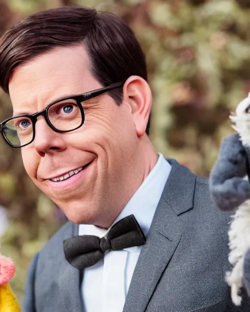 Prompt: ed helms with a suit as a muppet. highly detailed felt. hyper real photo. 4 k.