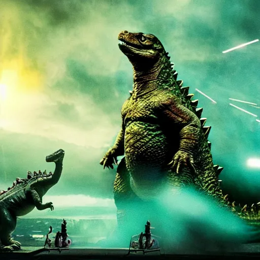 Image similar to barney the dinosaur stars in the new godzilla movie as godzilla, shooting lasers from his mouth at tokyo city, movie poster, blockbuster film, promotional