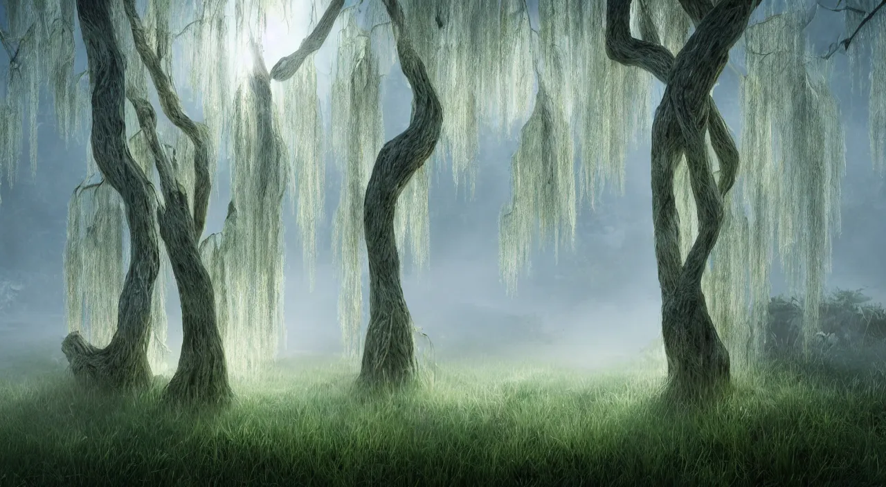 Image similar to photorealistic matte painting misty weeping willow overgrowth undergrowth jagged rock features volumetric fog light rays high contrast dawn mr burns