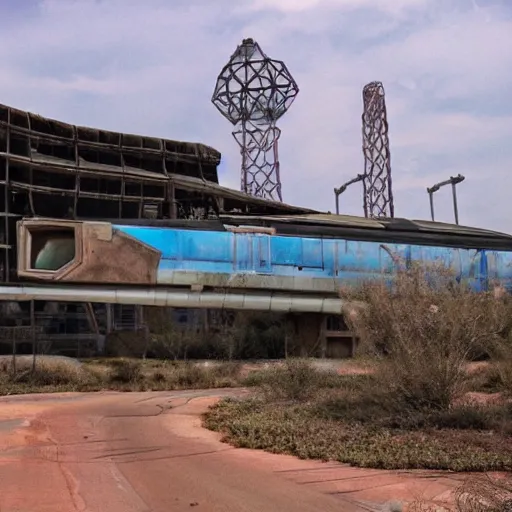 Image similar to post - apocalyptic epcot center, wasteland, barren, monorail, abandoned, walt disney world, highly detailed, intricate, 8 k