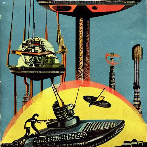 Prompt: 1950 magazine cut out collage of cyber punk machinery failing at terraforming Venus, Jules Verne