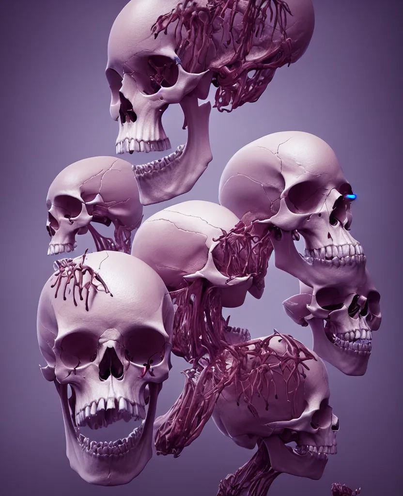 Image similar to composition of human skulls, animals skulls, bones, rib-cage and orchids, bioluminiscent, by Tooth Wu and wlop and beeple. octane render, trending on artstation, greg rutkowski very coherent symmetrical artwork. cinematic, hyper realism, high detail, octane render, 8k