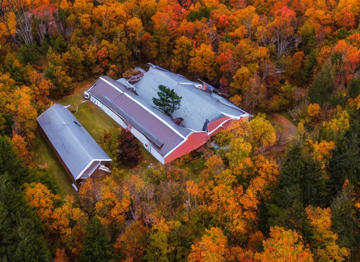 Image similar to low drone shot of a ranch style School in the middle of the Woods during autumn