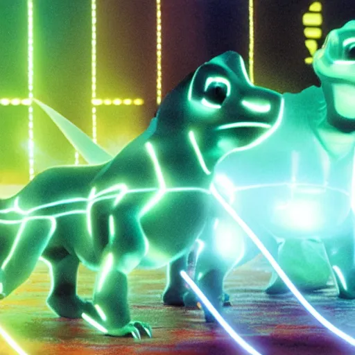 Image similar to baby dinosaurs in tron movie, cinestill