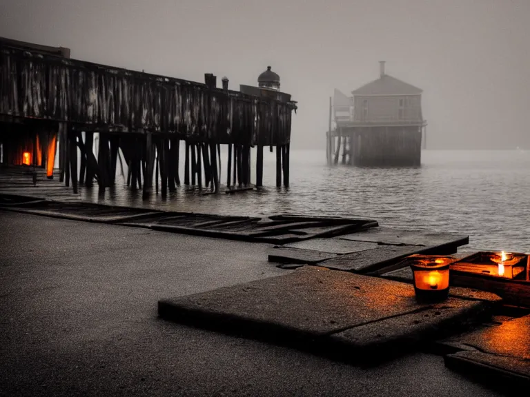 Image similar to a forgotten wharf on a cold sea by zacharias aagaard and magali villeneuve and ruth deckard, hyperrealism, high contrast, low light, bokeh, short focal length, desaturated, grey mist, cobblestones, orange candle flames, volumetric lighting