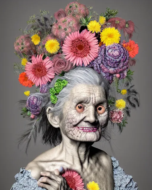 Image similar to a portrait of a fleshy old woman with a sly smile, covered in flowers in the style of guiseppe arcimboldo and james jean, covered in wispy gray hair with a hint of neon, hd 3 d, 8 k