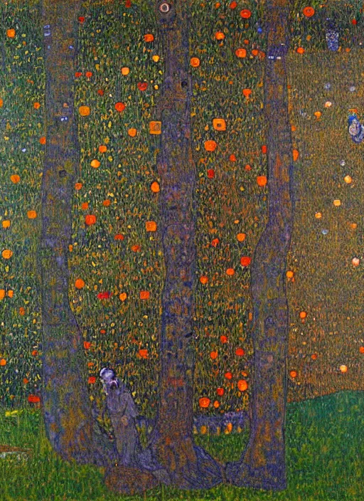 Image similar to a landscape painting of a cognitive optical illusion of trees, with four people in the foreground making extreme dynamic poses painted by gustav klimt