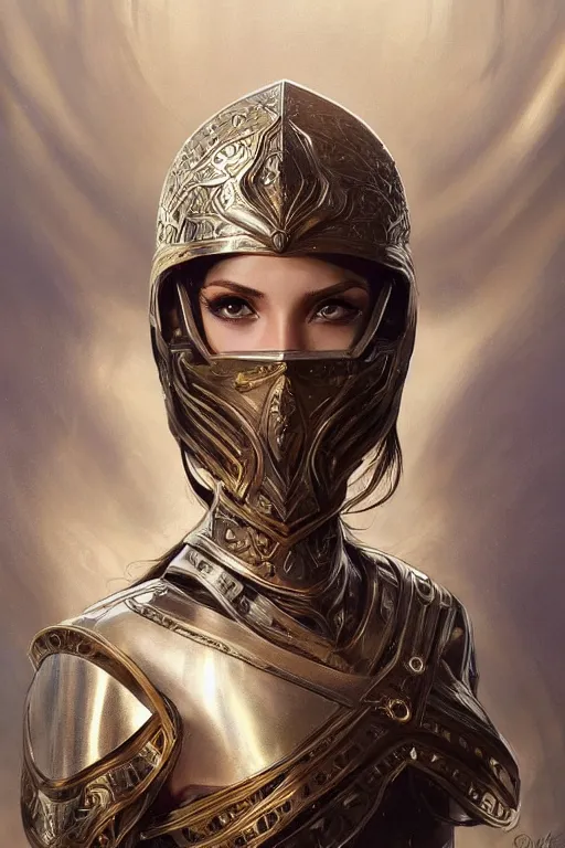 Image similar to attractive young female warrior, ornate metallic helmet, battle armor, olive skin, long dark hair, beautiful bone structure, symmetrical facial features, goddess-like, intricate, elegant, highly detailed, digital painting, artstation, concept art, smooth, sharp focus, illustration, art by artgerm and greg rutkowski and alphonse mucha