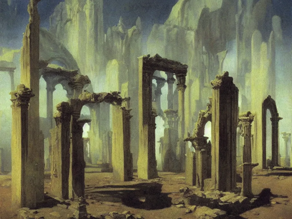 Prompt: gothic deserted temple in the impossible light psychedelia. dark, looming shadows. painting by cappiello leonett, arnold bocklin, wayne barlowe, agnes pelton, rene magritte