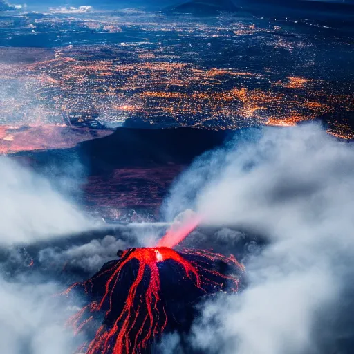 Image similar to eruption of vulcano, aerial view, dramatic lighting, cinematic