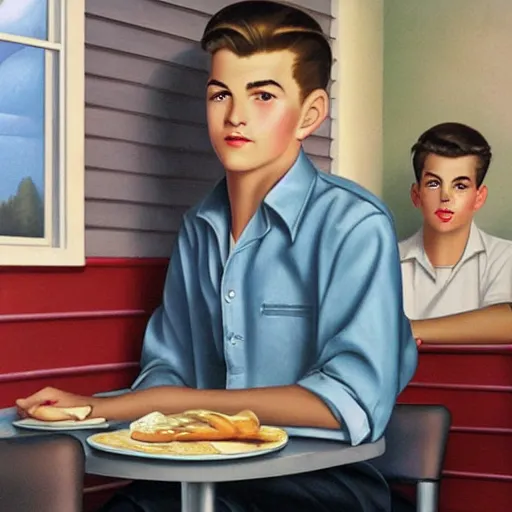 Image similar to 1 9 5 0 s rebel teen male at the local diner, art by wes hempel