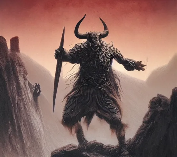 Image similar to bull headed warrior, minotaur concept art, beksinski, wayne barlowe, adrian smith fantasy art, the hobbit art, lord of the ring art, the witcher concept art, trending on artstation, game of throne art