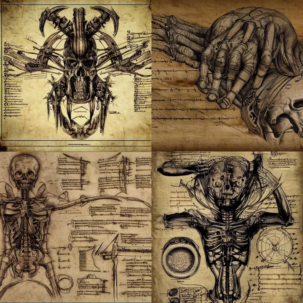 Prompt: infographic detailing the autopsy of Diablo, by da Vinci, by HR giger, insane detail, old rustic paper, handwritten notes and equations, line art, 8k, symbols and glyphs