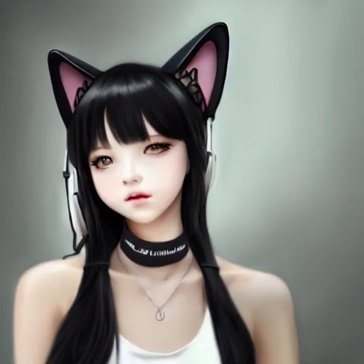 Image similar to realistic detailed semirealism beautiful gorgeous natural cute excited happy Blackpink Lalisa Manoban black hair black cat ears, wearing white camisole outfit, headphones, black leather choker artwork drawn full HD 4K high resolution quality artstyle professional artists WLOP, Aztodio, Taejune Kim, Guweiz, Pixiv, Instagram, Artstation