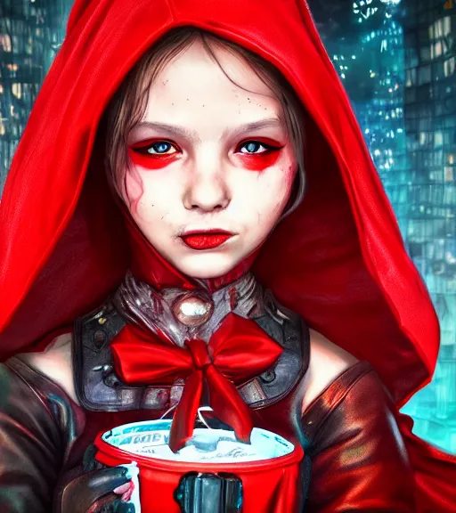 Prompt: an epic fantasy comic book style portrait painting of an extremely cute and adorable very beautiful cyberpunk little red riding hood, unreal 5, daz, hyperrealistic, octane render, cosplay, rpg portrait, dynamic lighting, intricate detail, summer vibrancy, cinematic