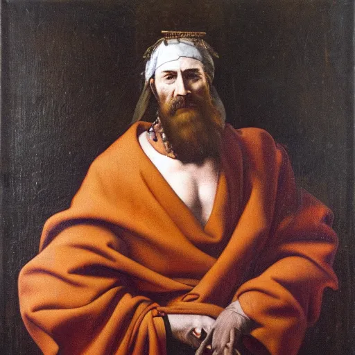 Prompt: a man wearing a long cloak, holding golden chains, oil painting, portrait, by Michelangelo