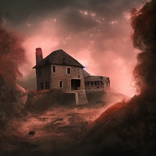 Prompt: cottage on a hillside in the depths of hell, dangerous hallways filled with bandits, violent, scary, intense, cinematic film, photography, digital painting, gorgeous, 4 k wallpaper