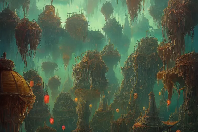 Image similar to a strange, fantastical dreamscape | | strange beings | | strange dwellings | | ortherworldly land formations | | lanterns | | organic painting by jakub gazmercik, max masnyy, jakub gazmercik, beeple, patrick faulwetter, heavenlydaemonic, and mc escher, surrealism, trending on artstation