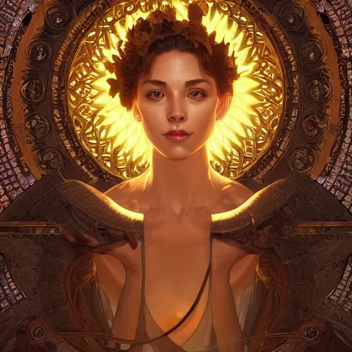 Image similar to perfectly-centered-Portrait of a sun Goddess, intricate, highly detailed, digital painting, artstation, concept art, smooth, sharp focus, illustration, Unreal Engine 5, 8K, art by artgerm and greg rutkowski and alphonse mucha