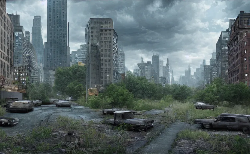 Prompt: manhattan reclaimed by nature, a photorealistic painting by gregory crewdson, cgsociety, playstation 5 screenshot, matte painting, cryengine