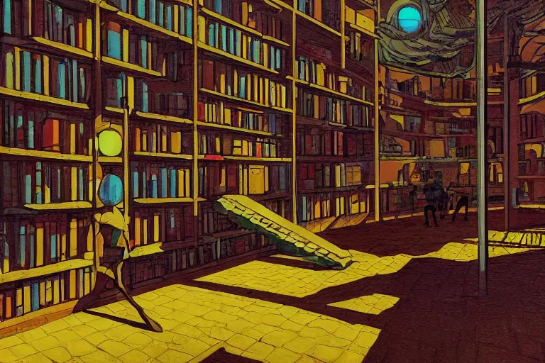 Image similar to Biblioteca do Convento de Marfa. in cyberpunk style by Vincent Di Fate