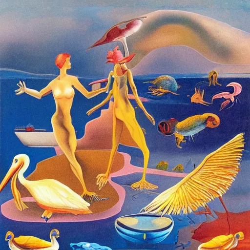 Image similar to a beautiful abstract with goldfish, pelicans and a human couple in an alien landscape by salvador dali and gerald brom w 1 0 2 4