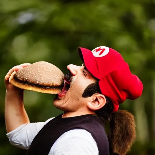 Image similar to photo of real life mario finding a giant mushroom, exhilarated, portrait, closeup. mouth open, 30mm, bokeh