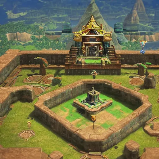 Image similar to diorama of the Temple of Time from The Legend of Zelda Breath of the Wild, tilt-shift photography, highly detailed