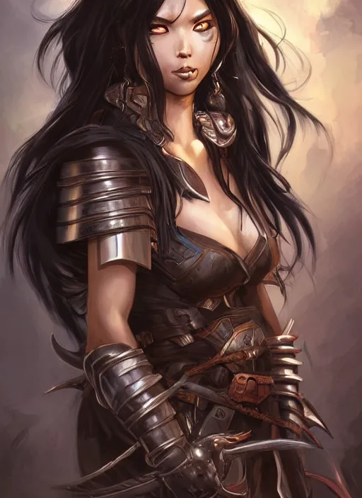 Image similar to beautiful warrior lady, black long hair, practical armor, brown skin, demonic eyes, low fantasy, extremely detailed, sharp focus, smooth, digital illustration, by rossdraws, frank franzzeta, sakimichan