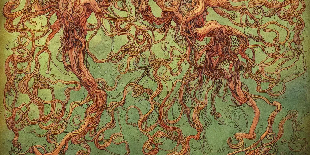 Image similar to epic illustration of a fungus god, by james jean, by ivan bilibin. glossy wet levitating floating fungus god with arms outstretched, made from colorful wet fungus tendrils. uhd, amazing depth, cinematic lighting