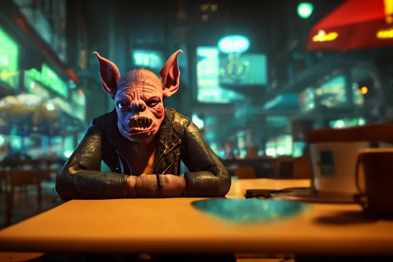 Prompt: a bored male goblin punk sitting alone at a table in a cafe in a cyberpunk city, close up shot, sharp focus, shallow depth of field, highly detailed face, 8k, unreal engine 5, cinematic lighting, vivid elegant fantasy concept art, character art, cold blue neon atmosphere, artstation, deep complimentary colors, volumetric lighting, photorealistic, hyperdetailed 3D matte painting, hyperrealism, hyperrealistic masterpiece