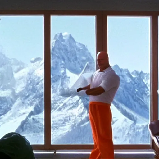 Image similar to Poetic sequence in Mr. Clean, a movie by Wes Anderson starring Adrian Brody. Adrian Brody tries to clean the windows of a large hotel in the Alps with mountain in the background. Splendid Wes Anderson colors, cinematic, very crisp