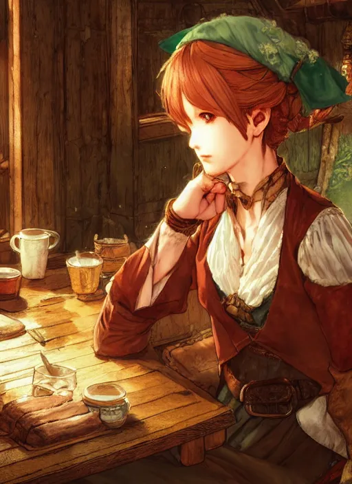 Image similar to portrait of the emerald herald sitting in a cozy tavern, hidari, color page, tankoban, 4K, tone mapping, Akihiko Yoshida.