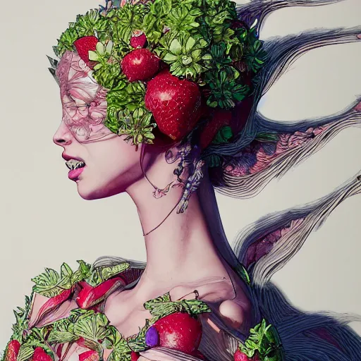 Image similar to the portrait of an absurdly beautiful, graceful, elegant, chaste, young woman made of strawberries and green petals looking up, an ultrafine detailed illustration by kim jung gi, irakli nadar, intricate linework, bright colors, octopath traveler, final fantasy, angular, unreal engine 5 highly rendered, global illumination, radiant light, detailed and intricate environment