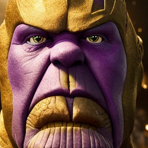 Prompt: thanos as a muppet. purple skin. highly detailed felt. hyper real photo. 4 k.