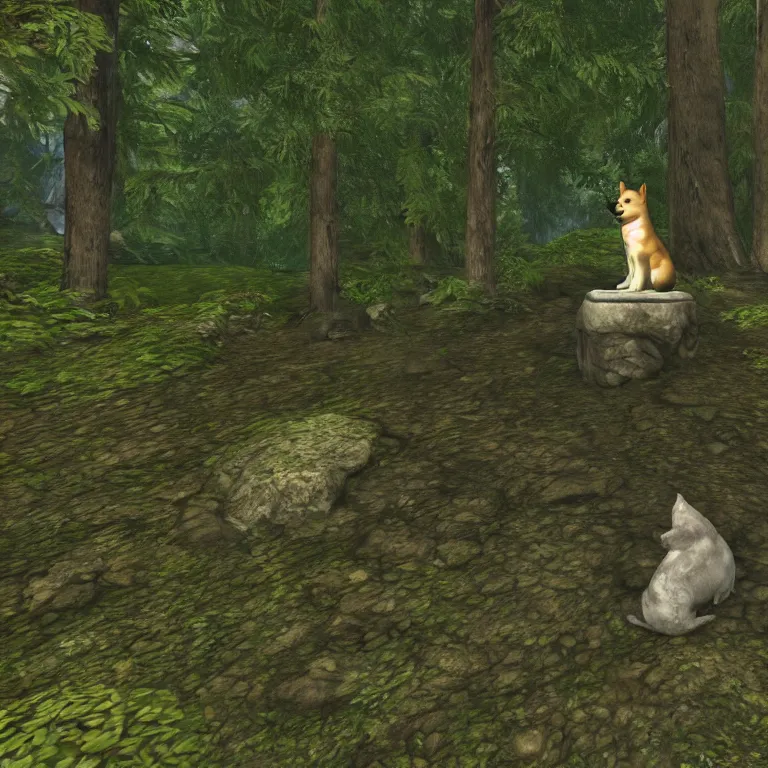 Prompt: a stone shiba inu statue in a lush forest, skyrim pc screenshot