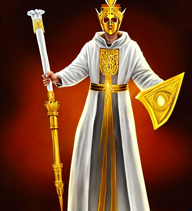 Prompt: a golden skin priest imperator in white clothes with a power and a scepter in his hands and with crown and golden mask, digital art, concept art, high detailed