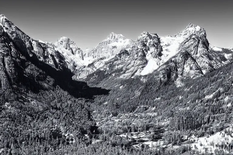 Image similar to small detailed dinosaur, valley, snowy peaks, by ansel adams, black and white, old, master photography