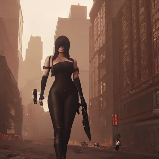 Image similar to new york city portrait of 2B nier automata wearing skin tight clothes screenshot from the video game Red dead redemption 2 digital art by Greg Rutkowski, Simon Stalenhag, christopher nolan trending on Artstation, CGSociety