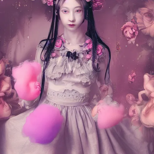 Image similar to 8 k, octane render, realism, tonalism, renaissance, rococo, baroque, cotton candy, portrait of a creepy young lady wearing long - harajuku manga - dress with flowers and skulls