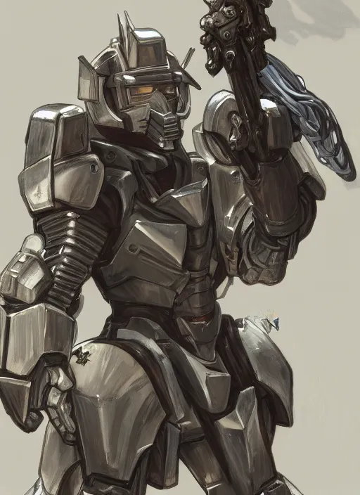 Image similar to medium-length portrait of a male paladin with short curly hair and a dark beard, dark brown skin, happy expression, wears a suit of power armor, gundam, buster sword, medieval setting, highly detailed, digital painting, artstation, concept art, sharp focus, illustration, art by greg rutkowski and alphonse mucha