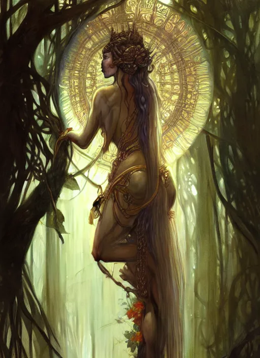 Image similar to kuntilanak on tree, d & d, wet, shiny, fantasy, intricate, elegant, highly detailed, digital painting, artstation, concept art, smooth, sharp focus, illustration, art by artgerm and greg rutkowski and alphonse mucha