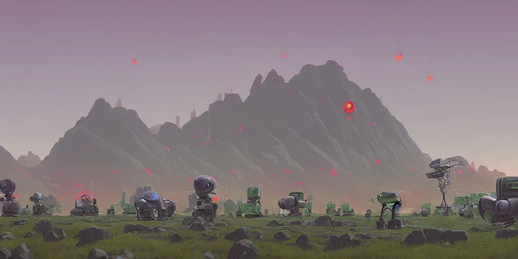 Image similar to green mountains with robots in the middle, by simon stalenhag