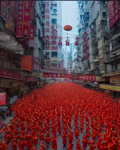 Prompt: chinese new year decoration, chinese new year parade, dragon float, monks, giant asian gods, crowd of people, street, poor buildings, hong kong buildings, kowloon, slums, cyberpunk, ghost in the shell, dramatic lighting, trending on Artstation, 8k, highly realistic, hyper detailed, unreal engine 5, IMAX quality, realistic, cinematic, epic lighting, realistic, Matte Painting, masterpiece,