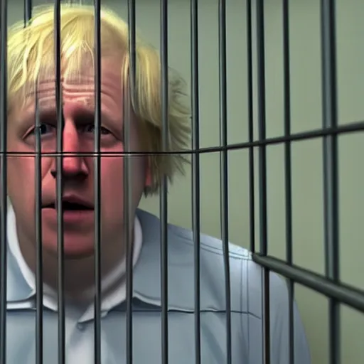 Image similar to movie scene of boris johnson behind bars, photorealistic, highly detailed 8 k