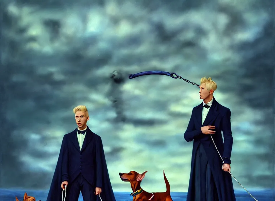 Image similar to realistic detailed portrait movie shot of an elegant blond male vampire with a doberman on a leash, sci fi landscape background by denis villeneuve, amano, yves tanguy, alphonse mucha, max ernst, caravaggio, roger dean, masterpiece, rich moody colours, dog teeth, blue eyes