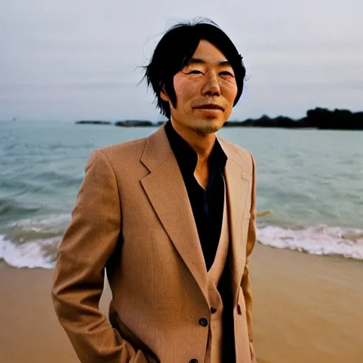 Prompt: japanese man with long hair in a beige suit standing in the ocean looking at the camera, wide shot, far!!!!!!! away, zoomed out, distance!!!!!!! shot, sunset, centered!!!!!!!!!!, album cover, tatsuro yamashita, 1980, ride on time