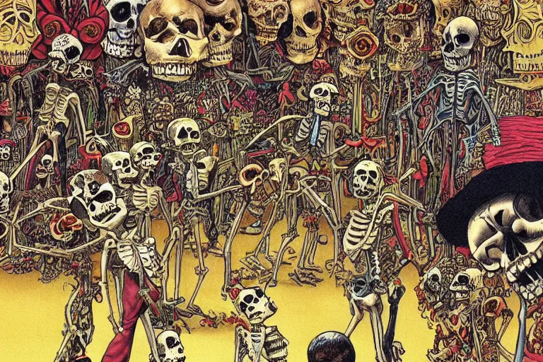 Prompt: scene from zoo, day of all the dead, skeletons, artwork by jean giraud