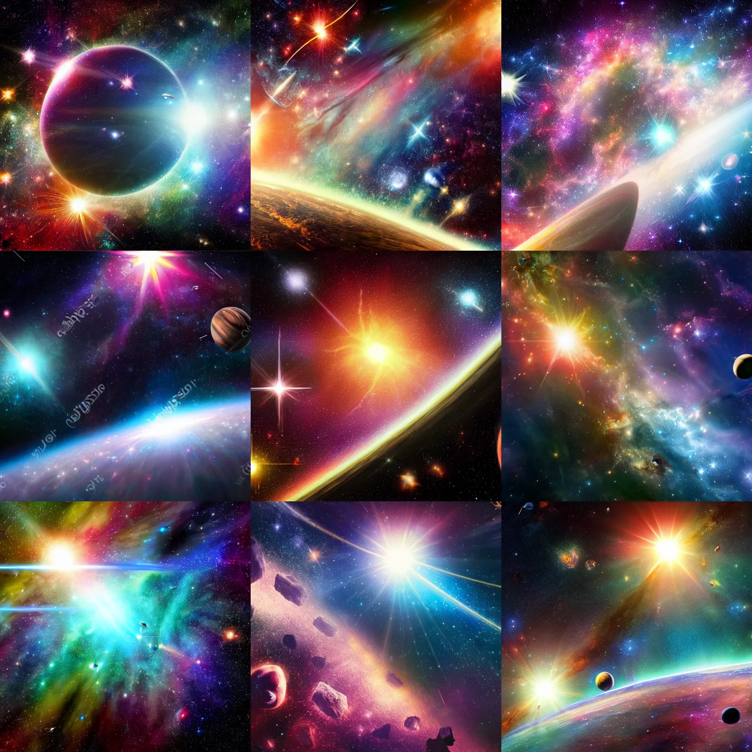 Prompt: Massive epic space scene with beautiful multicolored stars, Hubble deep field background, rich powerful intricate detailed realistic artistic, planets with megastructures on them, lens flares
